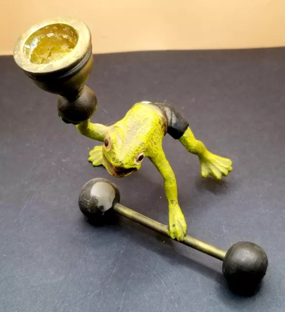 VINTAGE RARE PETITE Choses Bronze Weightlifter Frog w Barbell Candlestick  4.5 $107.95 - PicClick AU