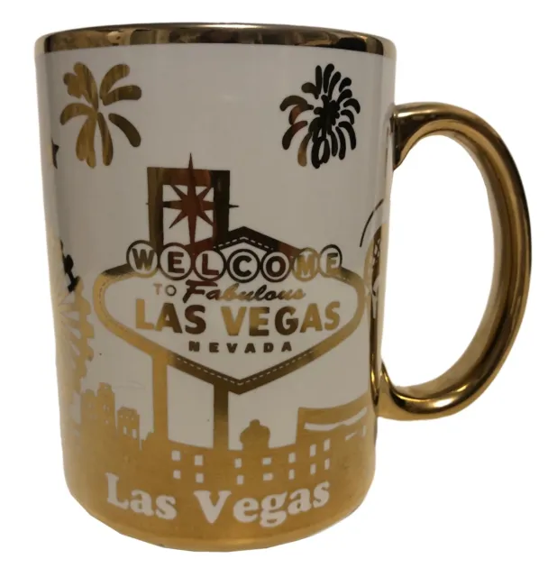 Vintage Las Vegas Gold White Coffee Tea Ceramic Mug Cup 4.5" Tall