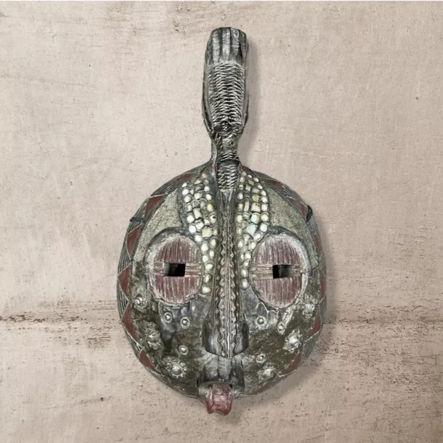 African Tribal Face Mask Wood Hand Carved Vintage Wall Hanging Art from Ghana