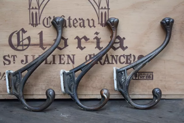 Set Of 3 Reclaimed Original Cast Iron Art Nouveau Coat Hooks / Pegs Old Antique