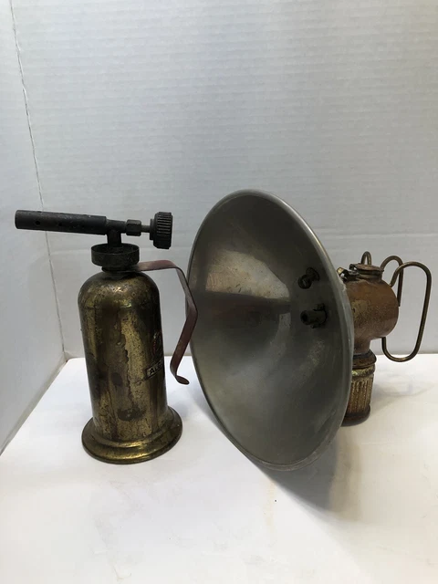 Antique Justrite miners carbide lamp And Lenk Alcohol Torch￼