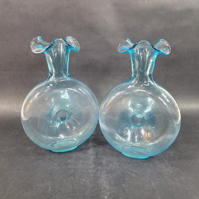 VINTAGE BLENKO GLASS Hand Blown Donut Vase Pitcher Aqua Blue Lot of 2