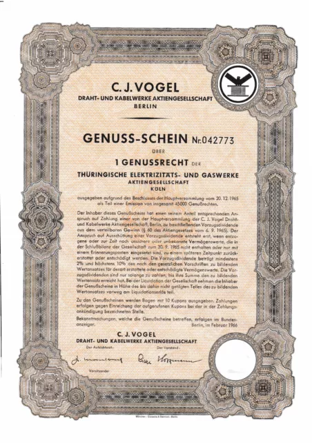 C.J. Vogel Draht- und Kabelwerke AG Berlin Genuss-Schein 1966 +Kup Otto-Versand