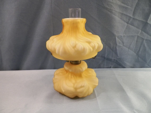 Fenton Satin Honey Amber Overlay Cased Glass Plume Mini Miniature Oil Lamp