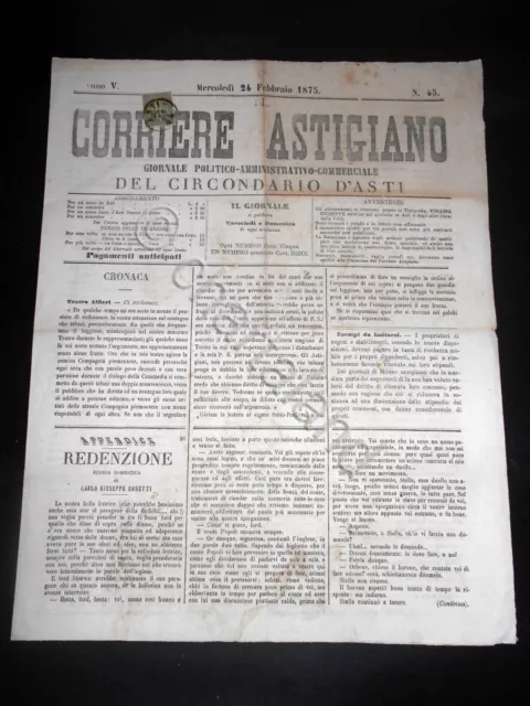 Storia Locale Asti - Giornale Il Corriere Astigiano - n. 45 / 1875