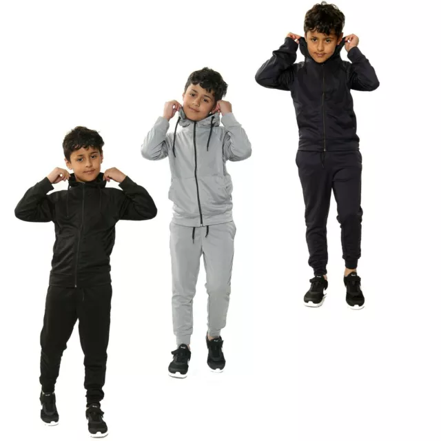Boys Tracksuit Kids Plain Hooded Jogging Bottoms Hoodie PE School Gym Sports