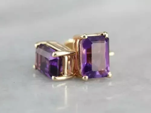 4 CT Emerald Cut Simulated Amethyst Stud Earrings 925 Yellow Sterling Silver