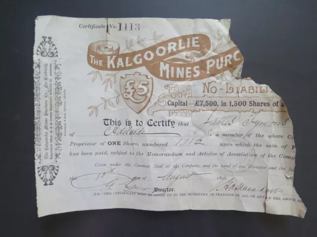 KALGOORLIE MINES PURCHASE Co GOLD MINING KALGOORLIE WEST AUST SHARE SCRIP 1896