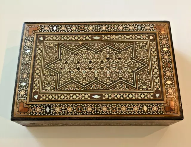 Mosaic Inlaid Wood Box-Mother of Pearl/Marquetry-Mid East-Vintage 60/70s-Large