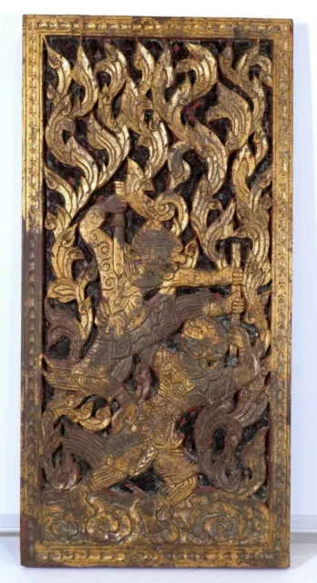 17th/18th C. Asian Fighting Warriors Hand Carved Gilded Wood Red Glass Mosaic G+