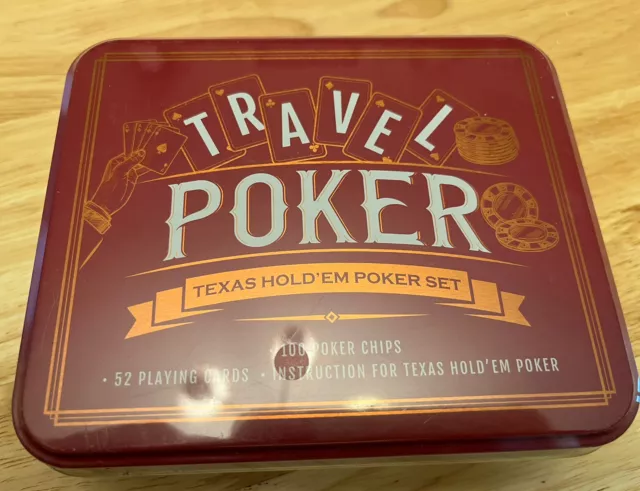 Travel Poker Set in Tin TEXAS HOLD EM with Playing Cards Poker Chips New Sealed