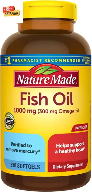 Fish Oil 1000mg Softgels - Omega-3 for Healthy Heart Support - 250 Softgels, 125