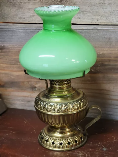 TINY JUNO Brass Miniature Oil FINGER LAMP Antique Green Cased Glass Shade 2of2