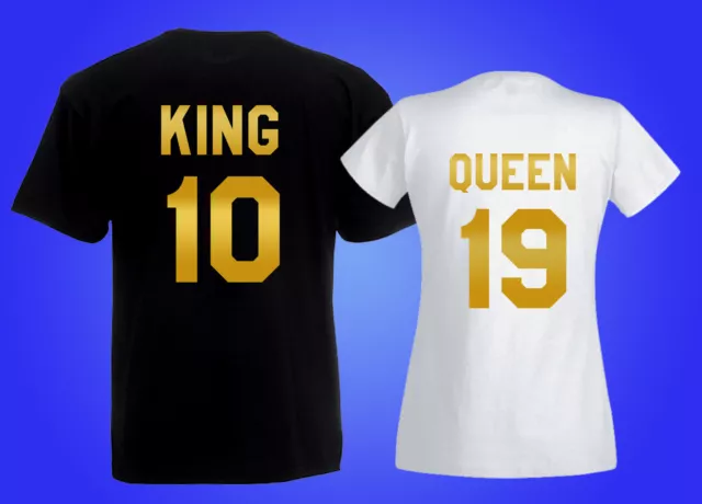 T-SHIRT UOMO DONNA KING QUEEN in ORO numero personale MATRIMONIO COPPIA magliett