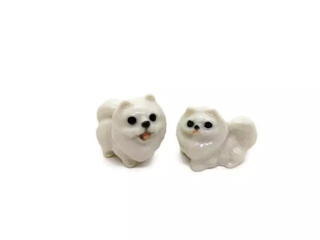 2 Pomeranian Dogs Puppy Miniature Animal Statue Pottery Figurine Ceramic gifts
