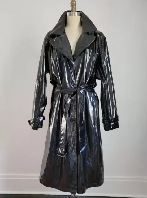 VTG BLACK FAUX PATENT LEATHER VINYL TRENCH COAT w/MATCHING BELT Mint Condition