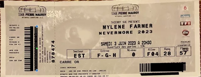 1 Billet Concert Mylène Farmer Samedi 23 Juin a Lille, Carré OR