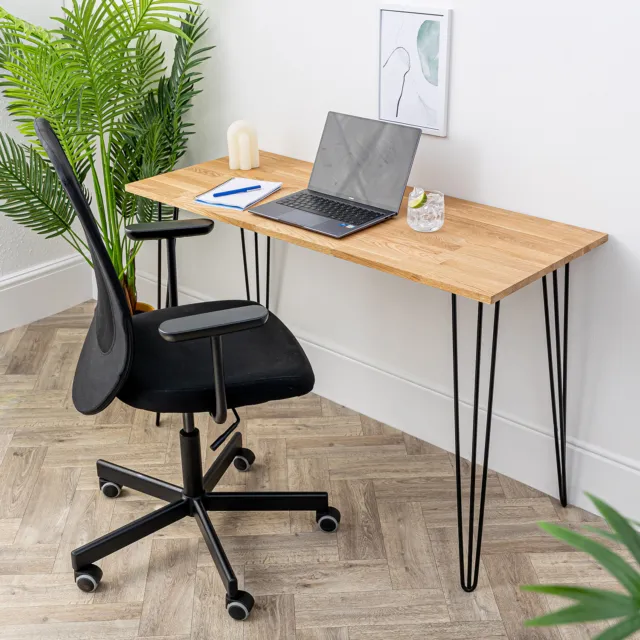 Solid Oak Wood Desk & Hairpin Legs |  Home Writing Office Gaming Workstation