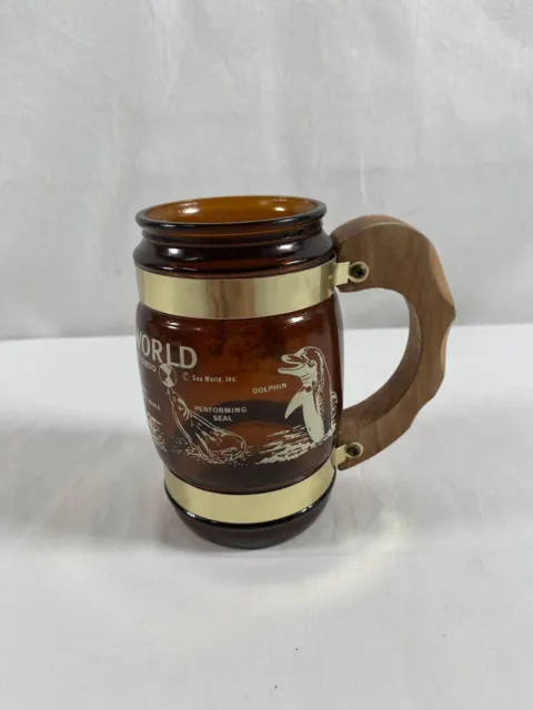 Vintage Siesta Ware Sea World Of Ohio Bar Mug Cup Barrell WoodHandle