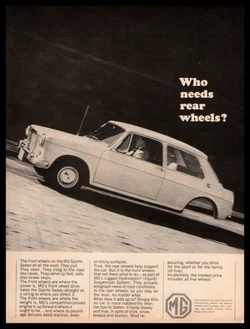 1965 MG Sports Sedan "Who Needs Rear Wheels?" British Motor Corporation Print Ad