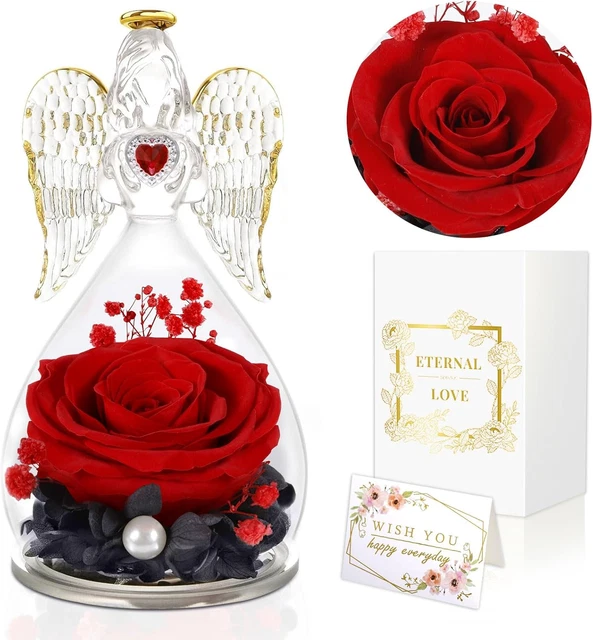 Geonoy Rosa Stabilizzata Veras Regalo San Valentinos Per Lei,Angelo Custode Regalo Per Mamma,Festa Della Mamma Idee Regalo, Angeli Statuette Con Rosa Eterna,Regalo Nonna, Regalo Donna Compleanno