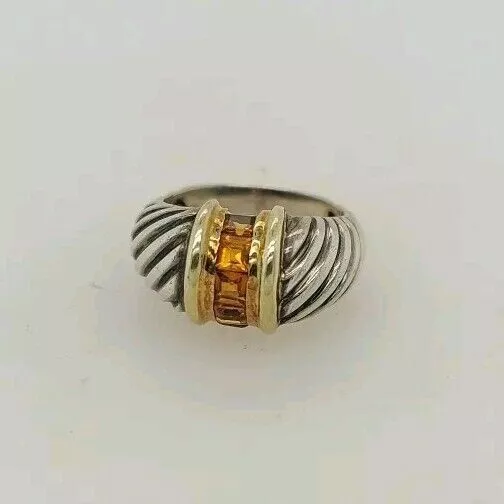 David Yurman Sterling 925 Silver 14K Yellow Gold Citrine Cable Ring Size 7.75