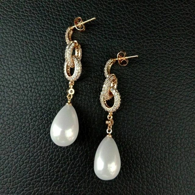 Teardrop White Sea Shell Pearl Cz Pave Loop Post Earrings