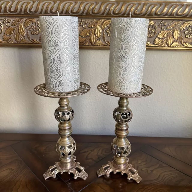 Pair Candlesticks Ornate Brass Filigree Footed With Candles VTG Size 9.5" H