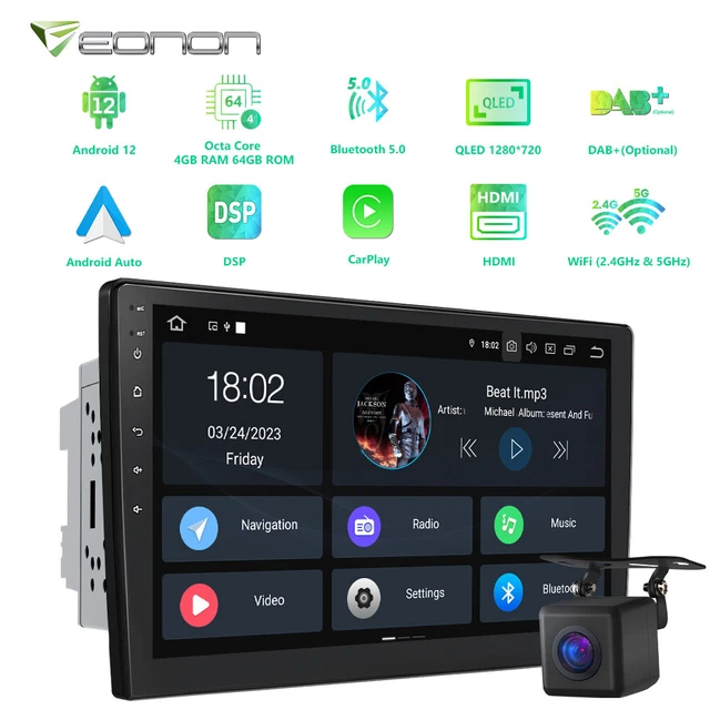 CAM+10.1 Inch Android 12 8Core 4+64 2 Din Car Stereo GPS Radio Head Unit CarPlay