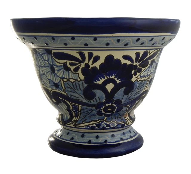 Mexican Ceramic Footed Planter Pot Garden Hand painted Talavera Blue White # 08