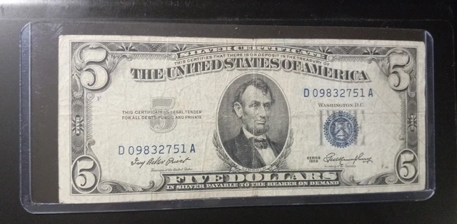 1953 Five Dollar Bill Silver Certificate Blue Seal Great Condition