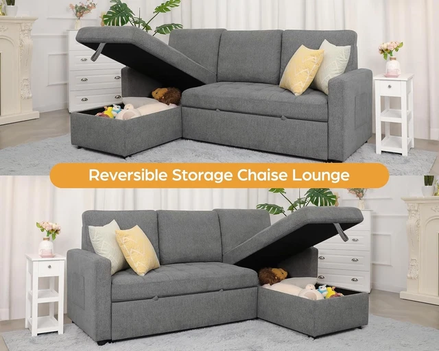 L-SHAPE CONVERTIBLE SLEEPER Sectional Sofa with Storage Chaise and Pull ...