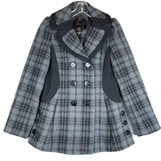 Guess Pea Coat Women’s Small Wool Blend Double Breasted Black Gray Plaid Jacket