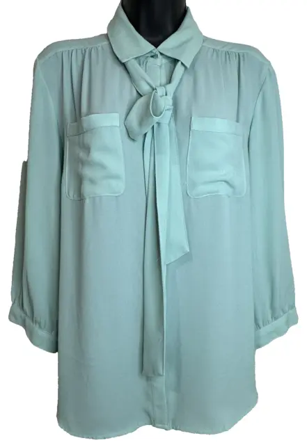 NEW YORK & Company Womens Teal Button Up 3/4 Sleeve Blouse w/Bow Tie ...