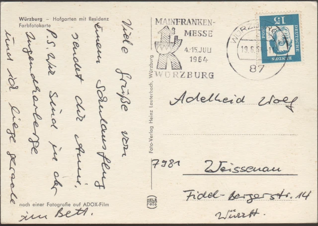 Werbestempel Würzburg, Mainfranken-Messe 1964, auf Postkarte / AK Residenz