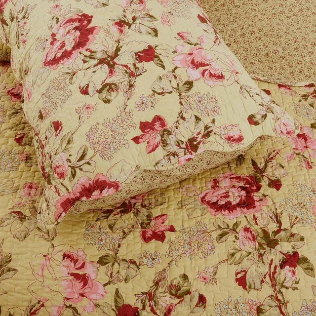 Beautiful Country Pink Red  Blue Yellow Rose Shabby Chic Green Leaf Quilt Set