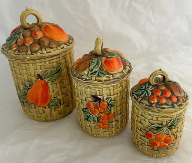 Lefton Fruit Basket Wave Ceramic Jar. 5254. 9”, 7” & 6” Canister Set Of 3