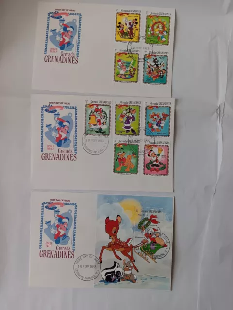 Set of 3 Disney 1983 JINGLE BELLS Stamps & Souvenir sheet FDC Grenada Grenadines