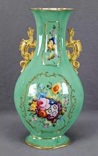 Minton Hand Painted Floral Gold & Green Chinese Form Dragon Handle Vase C. 1820