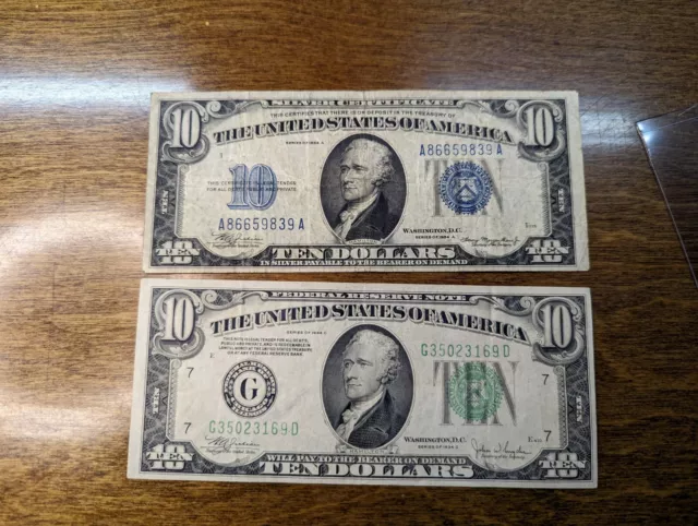 Lot of Two: 1934-C US $10 Federal Reserve Note & 1934-A US $10 Blue Seal Silver