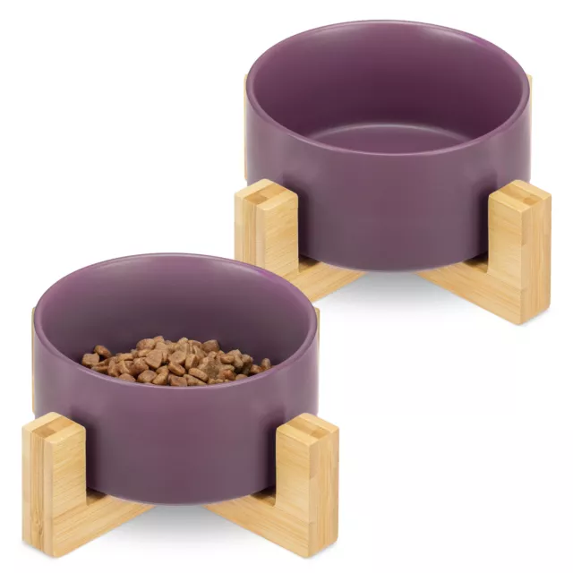 Set de 2 comederos de cerámica para gatos perros con soportes de madera violeta