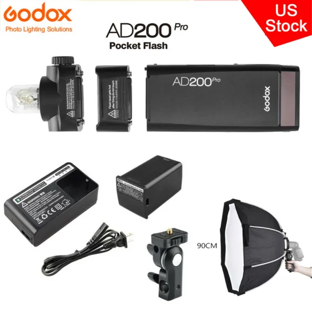 US Godox AD200Pro 2.4G TTL HSS Dual Head Flash Speedlite+90cm Handheld Softbox