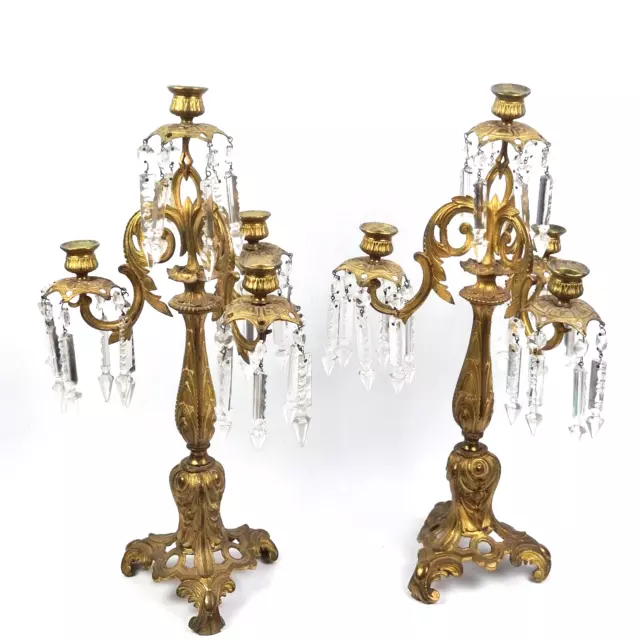 ANTICO CANDELIERE CANDELABRO COPPIA Lampada OTTONE BRONZO DORATO GOCCE CRISTALLO