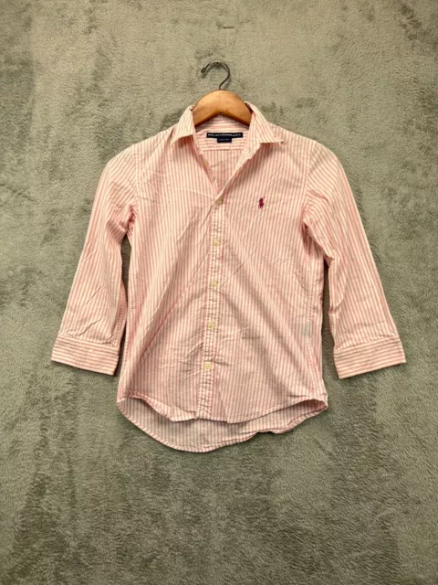 Ralph Lauren Golf Button Up Shirt Top Women 4 Pink Stripe Pink Pony 3/4 Sleeve