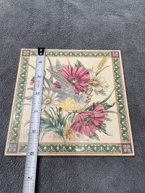 Bird and Flower Vintage Tile Trivet 6" By 6" H&R Johnson Tiles Made in England 2