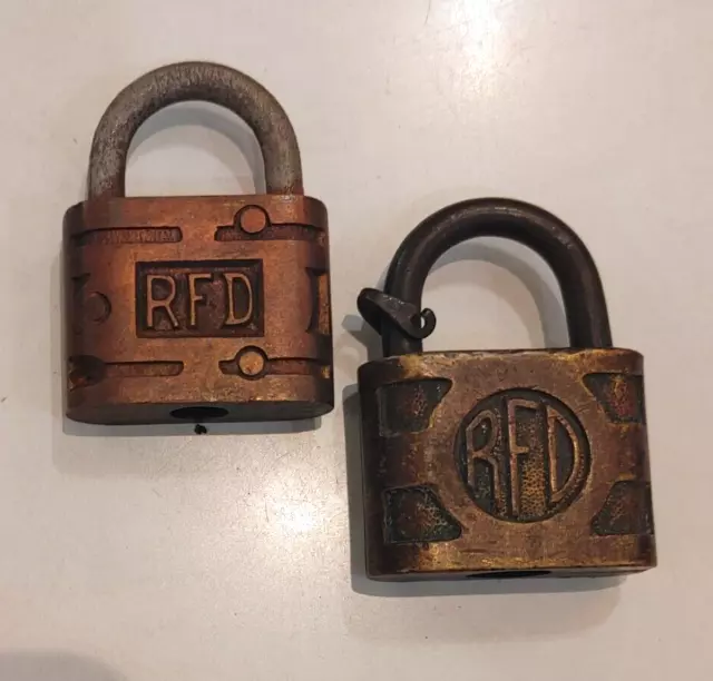 Lot of 2 ~ Antique Vintage RFD ACME Brass Padlocks OLD LOCKS~ No Keys