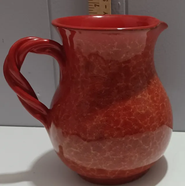 Vintage Red Yellow Muttled Glazed Italian Pottery Pitcher  Braided Handle Italy