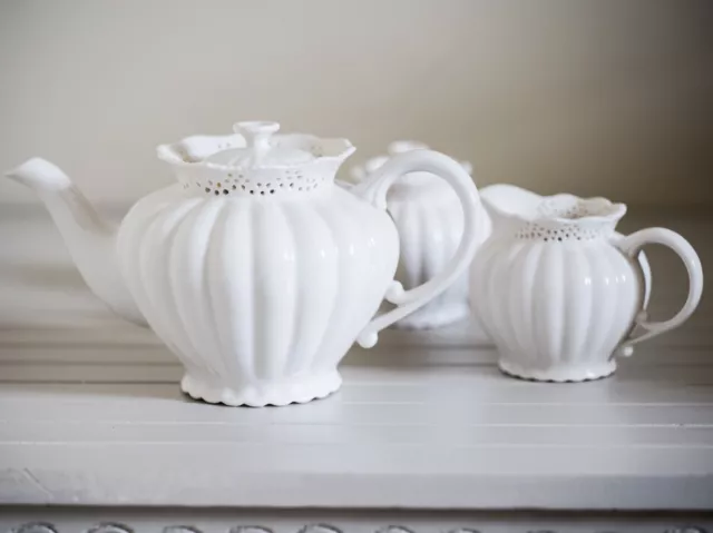 White Porcelain Tea Set Grace's Tableware porcelain Teapot,Sugar Bowl, Milk Jug