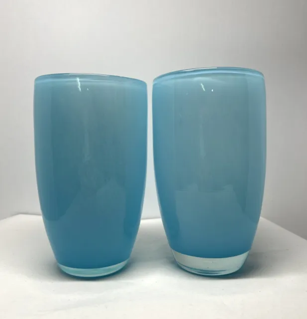 Set of 2 Hand Blown Light Blue Cased 5.5” Art Glass Tumblers