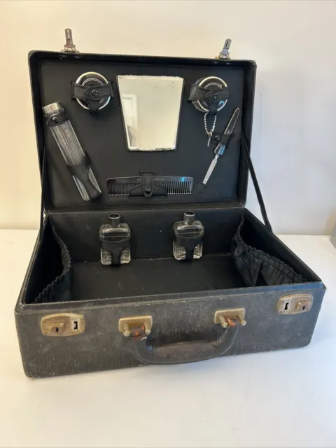 Vintage Vanity Train Case Suitcase Black Glass Bottles Comb Mirror File